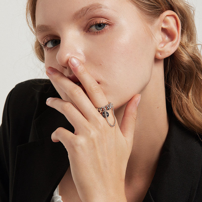 Womens Trendy Silver Ring With Natural Zircon Love Water Drop Bell Design Index Finger Chain Ring Subtle Shine Chic
