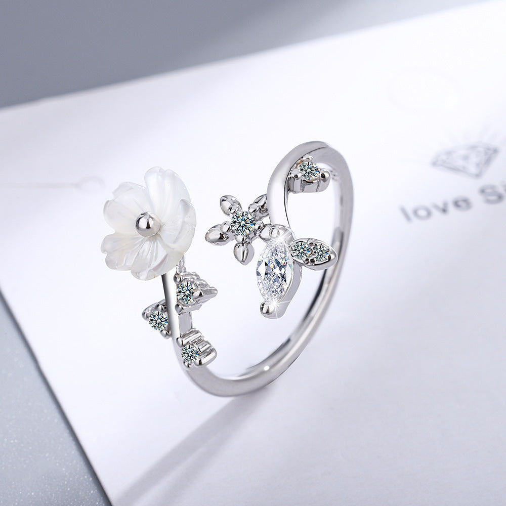 Korean Style Shell Ring For Women Small Adjustable 16mm Inner Diameter Zircon Accent Extra Durable Lightweight