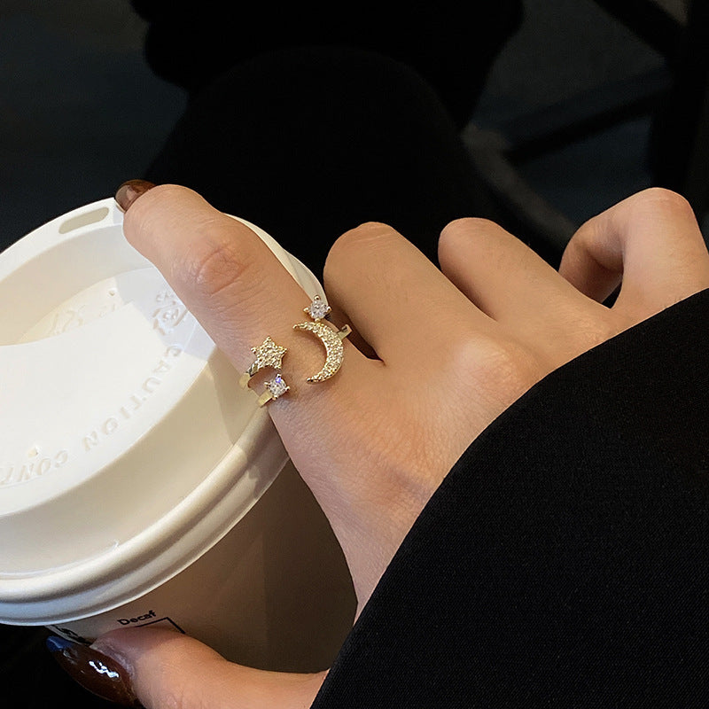 Womens Adjustable Star Ring and Moon Ring Copper Alloy with Gem Inlay Gold Zircon Celestial Jewelry Exclusive