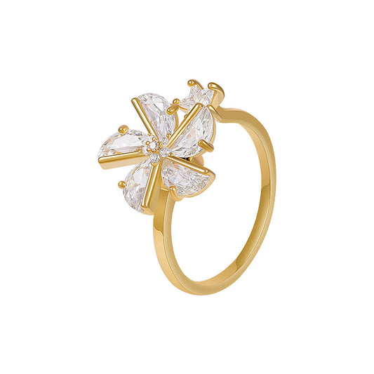 Adjustable Gold Plated Geometric Copper Ring With Artificial Gemstones For Women Statement Jewelry Elegant Daily Wear