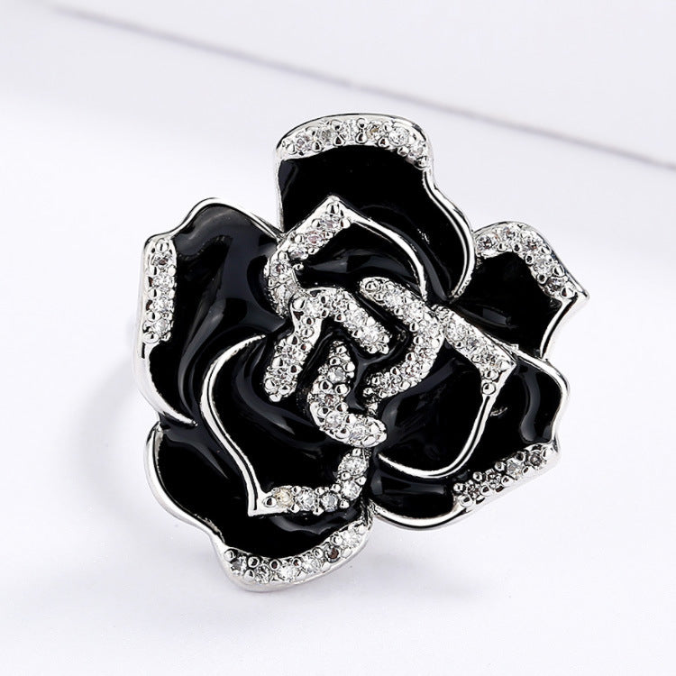 Vintage Enamel Ring For Women Black Flower Design Elegant