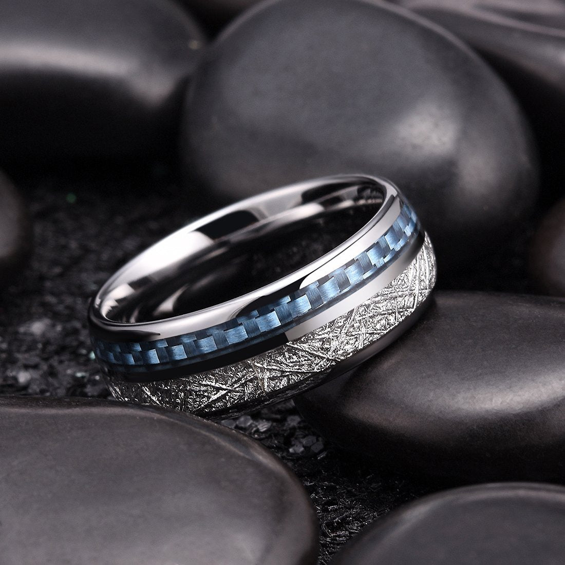 Stainless Steel Inlaid Silver Foil Blue Fiber Carbon Mens Ring Geometric Patch Inlay Fashion Jewelry Daily Wear Now