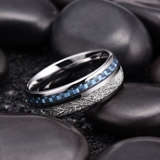 Stainless Steel Inlaid Silver Foil Blue Fiber Carbon Mens Ring Geometric Patch Inlay Fashion Jewelry Daily Wear Now