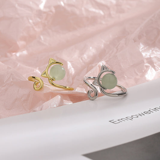 Adjustable Opening Copper Cat Ear Ring With Artificial Jade Accent Electroplated For Women Fashion Jewelry Collection
