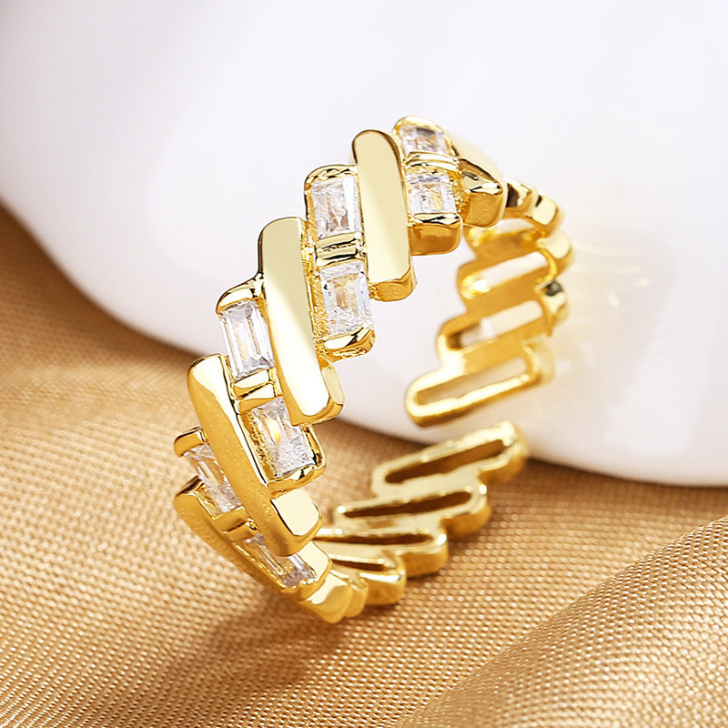 Womens Adjustable Copper Ring Retro Geometric Design Inlaid Zircon Chain Element Gold Tone Finish For Everyday