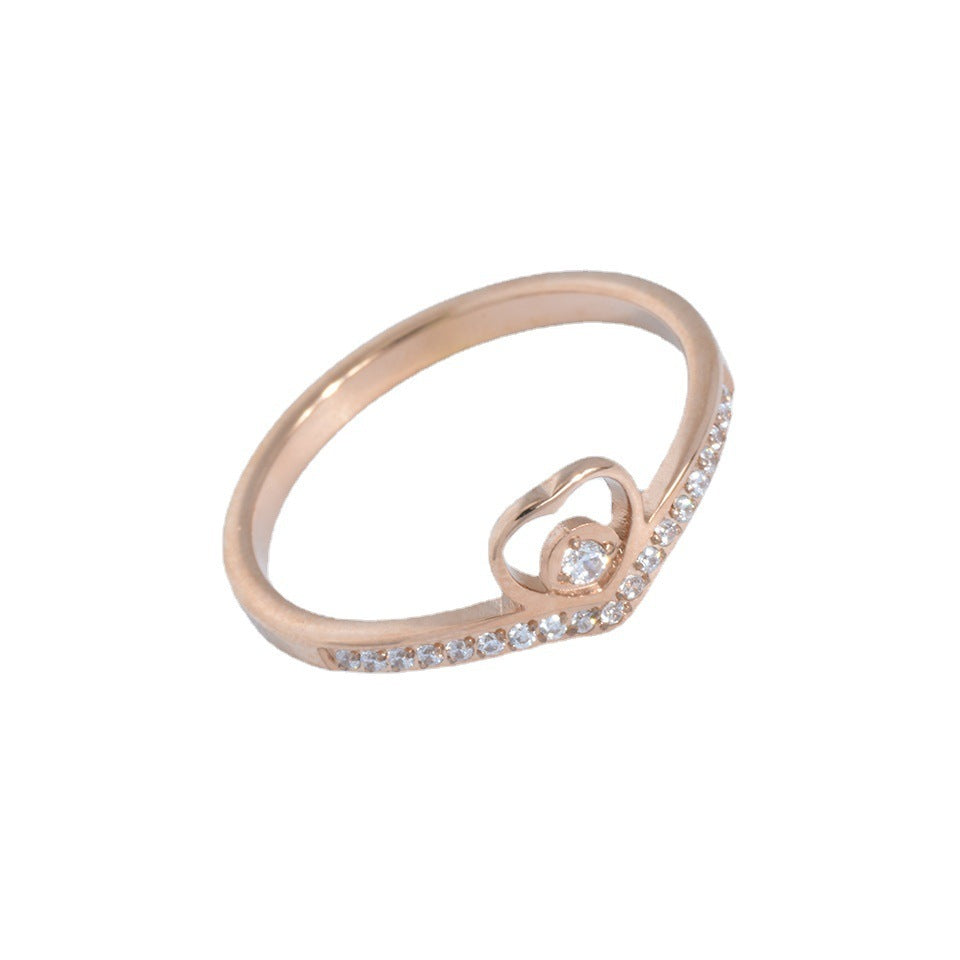 Simple Titanium Rose Gold Openwork Heart Set Diamond Ring