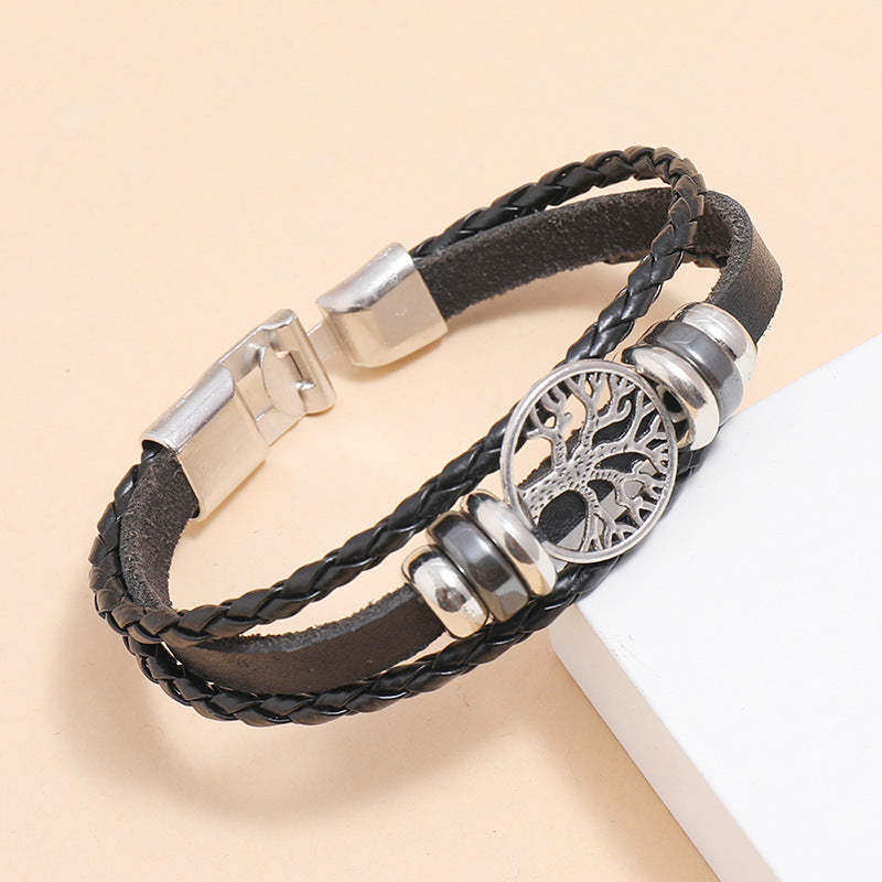 Mens Braided Faux Leather Bracelet With Lucky Tree Design European Buckle Black And Brown Wristband 21 cm Casual