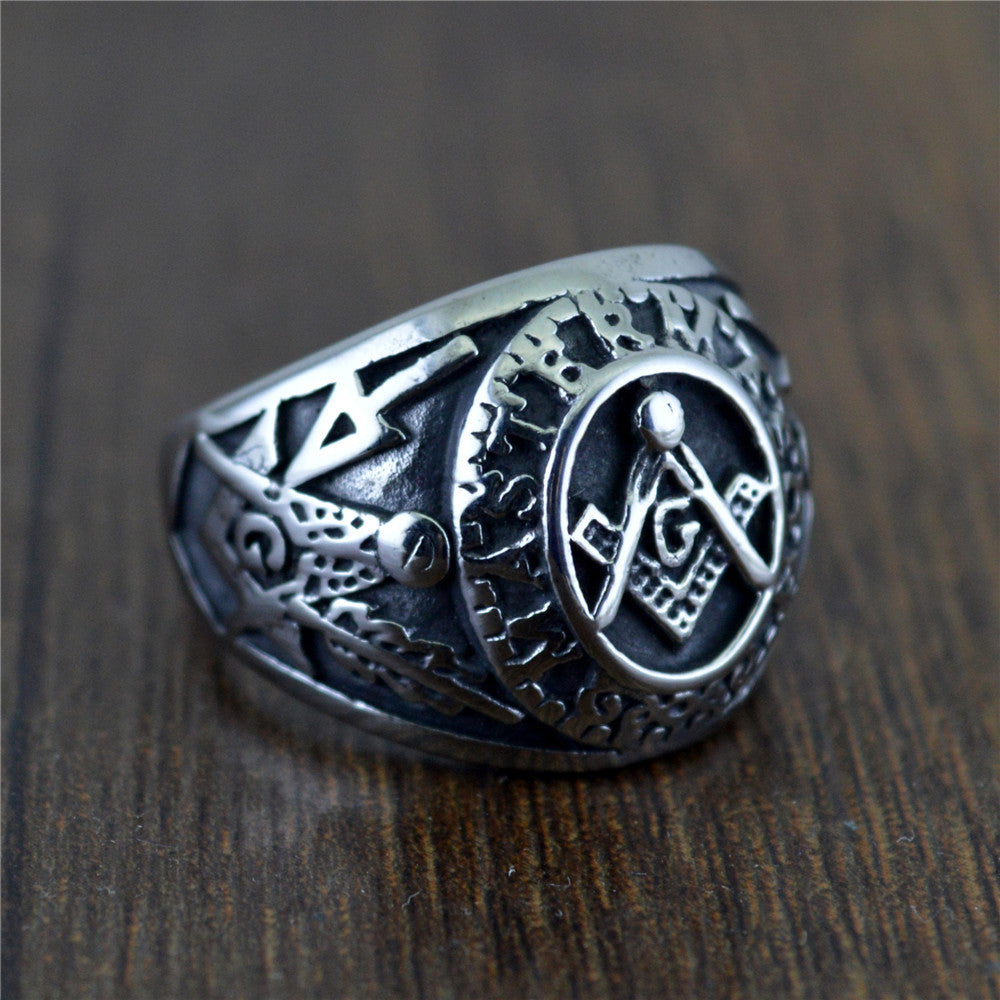 Mens Titanium Steel Masonic Totem Ring Hip Hop Style Jewelry Geometric Letter Pattern Gift Trendy Gift For Him