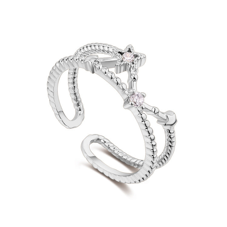 Adjustable Copper Ring With Zircon Inlaid Five Pointed Star Hollow Design Gold Plated Womens Fashion Accessory