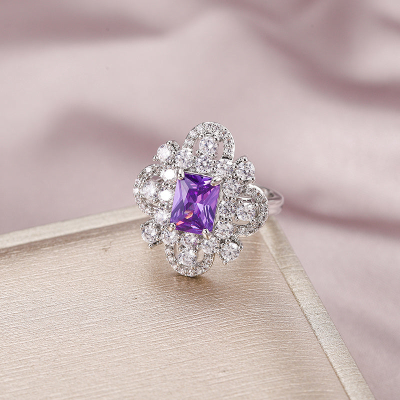 Womens Copper Ring with Color Zirconium Geometric Design Palladium White K Processing Noble Retro Fashion Ring Jewelry Gift For Her