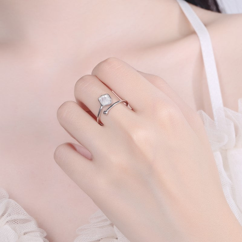 Geometric White Mother Of Pearl Ring In Silver Finish Adjustable Opening Band Elegant Jewelry For Her Now Glow