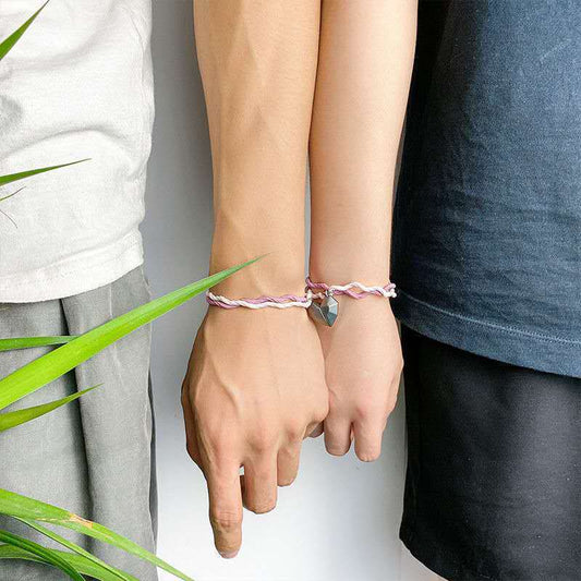 Couple Heart Shape Alloy Bracelets With Magnet Suction Rubber Band Wave Line Design Black Pink Gift Perfect Birthday Gift