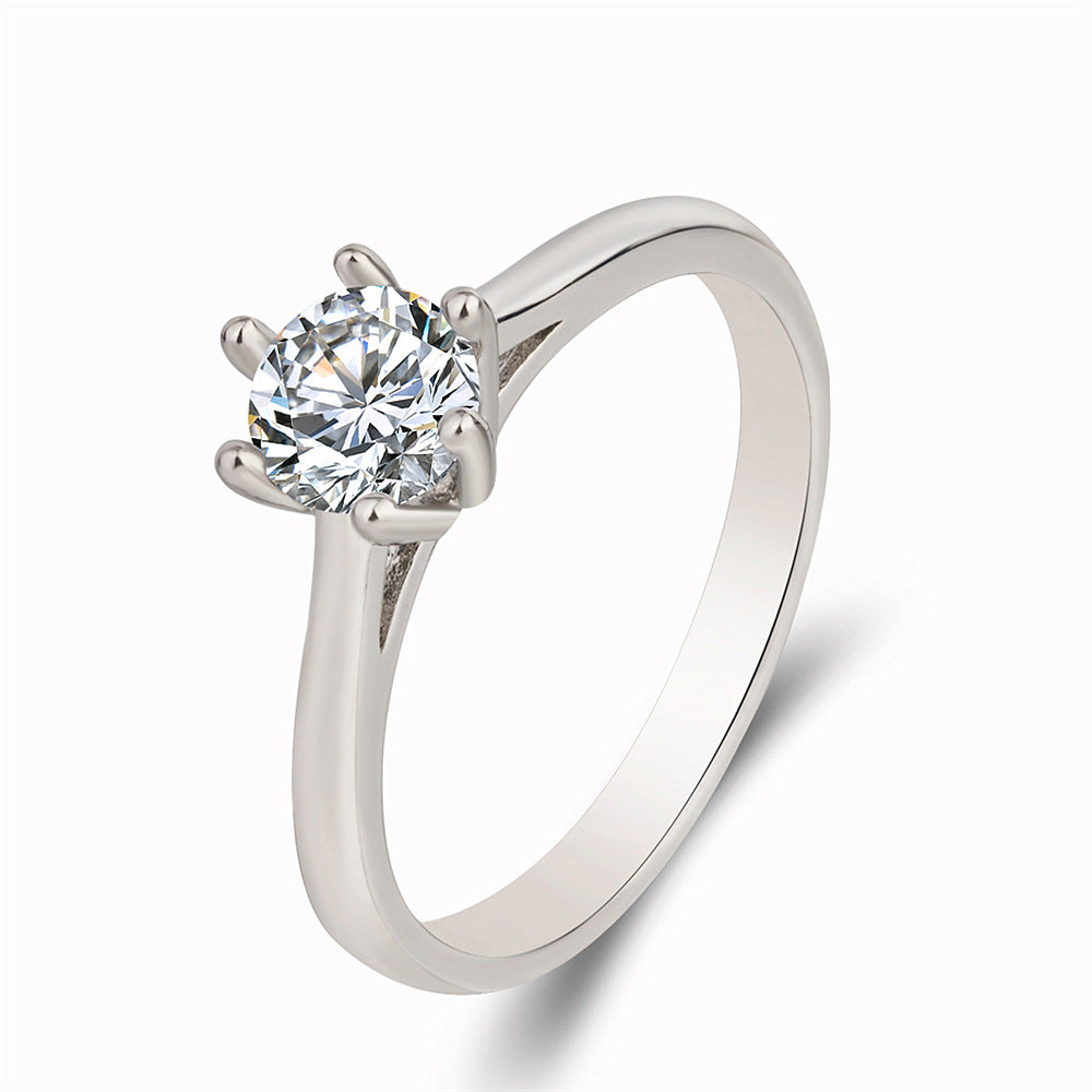Ladies Crystal Zircon Six Claw Ring Platinum Plated Copper Engagement Wedding Anniversary Statement Elegant Ring