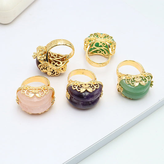 Natural Raw Gemstone Ring Copper Carving U Shaped Setting Pink Crystal Amethyst Green Aventurine Tiger Eye Stone