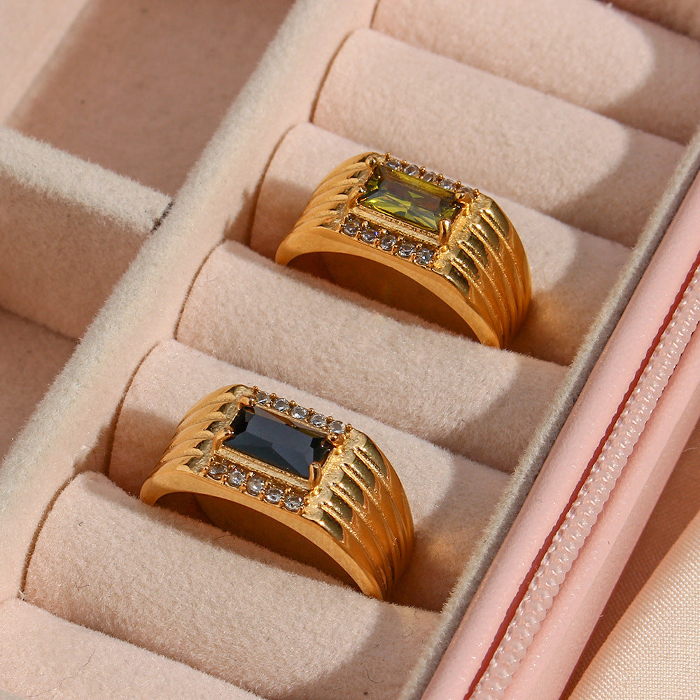 Stainless Steel Ring With Geometric Zircon Inlay For Women Black Green Diamond Jewelry For Everyday Wear Daily