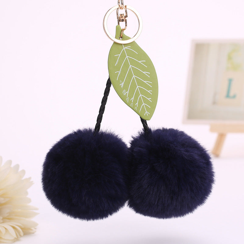 Womens Plush Cherry Keychain Cute Fruit Hair Ball Pendant Fluffy Pom Pom Handbag Charm Fashion Accessory Girls