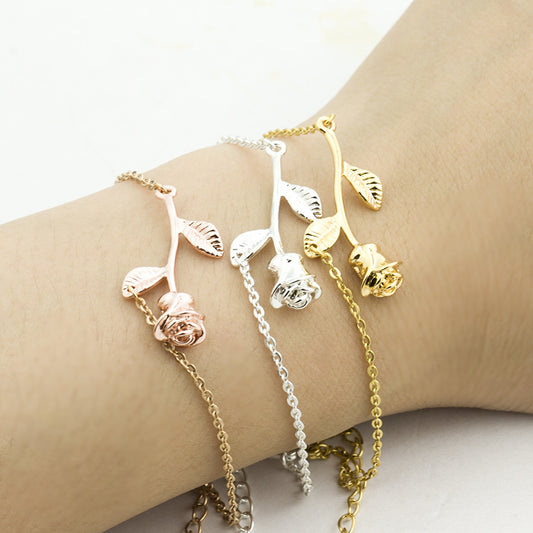 Vintage Rose Bracelet With Flower Pendant Copper Chain Adjustable Length Delicate Jewelry Elegant Gift For Her
