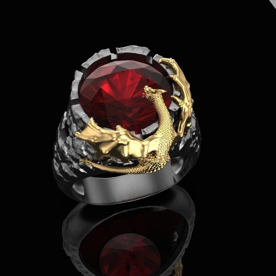 Personalized Gold Two Tone Ruby Dragon Ring For Men Elegant Jewelry Gift Custom Engraving Bold Statement Accessory