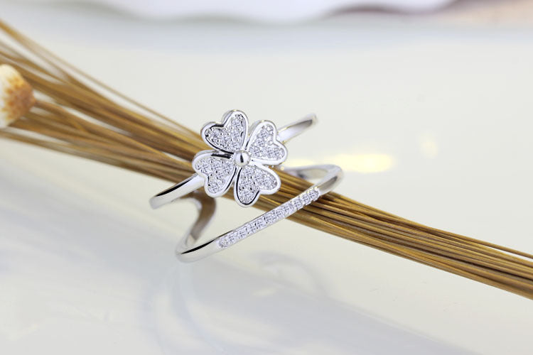Womens Adjustable Four Clover Flower Ring Diamond Accent Gemstone Copper Plated Platinum Jewelry Gifts For Her