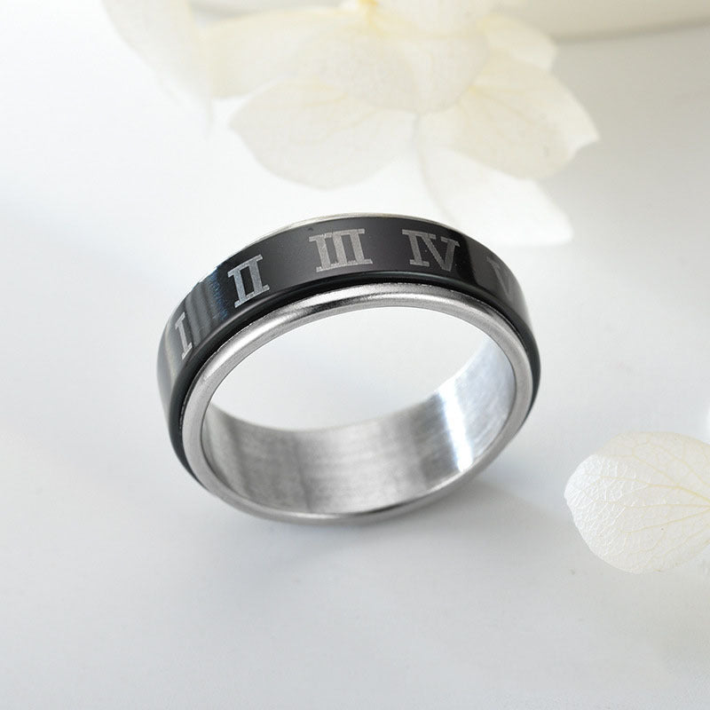 Unisex Titanium Steel Ring Vintage Turnable Roman Numeral Design Electroplated Black Fashion Jewelry Band Everyday Wear