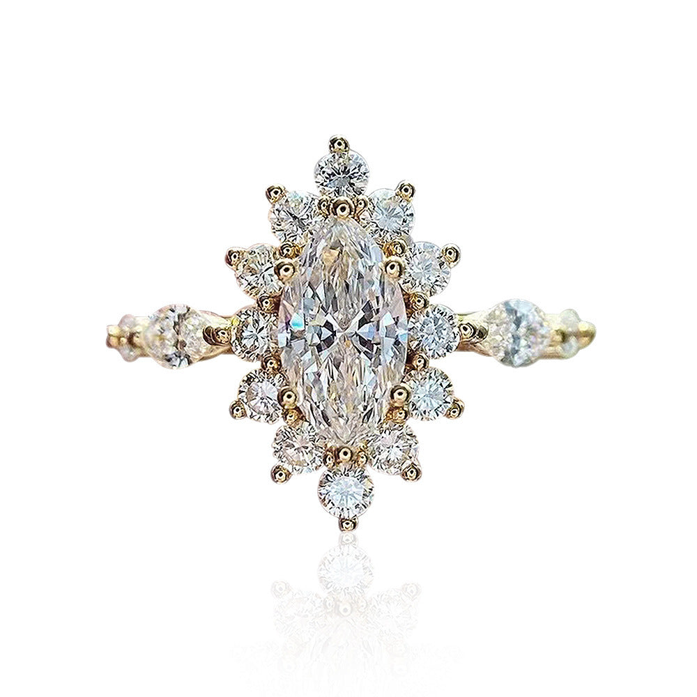 Womens Flower Ring Gold Plated Copper Band With Marquise Zircon Inlay Faceted Zirconia Elegant Fashion Jewelry