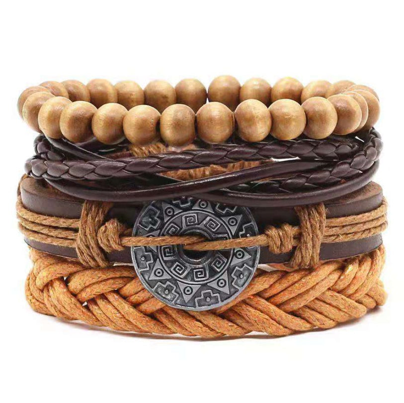 Mens Leather Braided Bracelet European Design Alloy Inlaid Gemstones Retro Geometric Accessory Woven Wristband