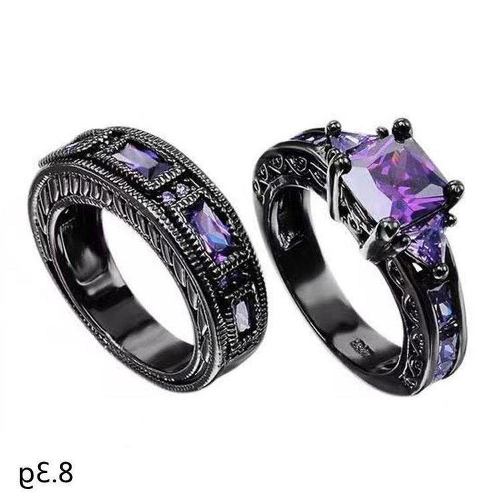 Womens Heart Shaped Alloy Ring Set Electroplated Black Gold Finish With Purple Zircon Stone Fashion Jewelry