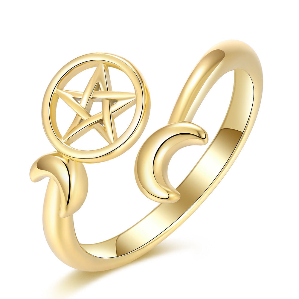 Copper Ring With Moon And Star Motifs In 18K Gold Or White Gold Finish Adjustable Size For Everyday Style Gift