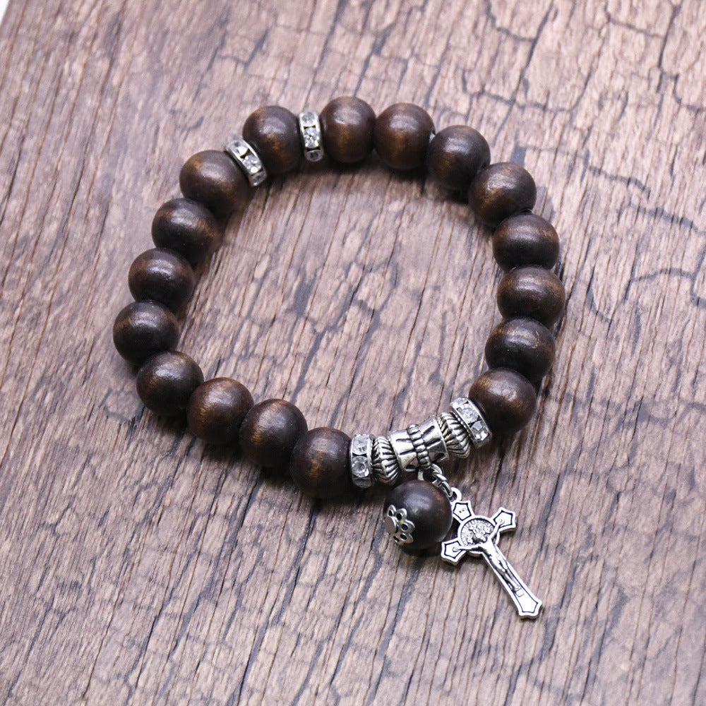 Unisex Wooden Bead Bracelet With Cross Charm Religious Totem Design And Alloy Inlaid Gems Coffee Color Wood Bracelet