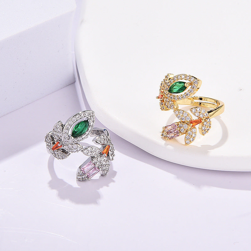 Womens Adjustable Open Ring Copper Leaf Design With Zircon Inlays Gold Plated Finish Everyday Styles For Women