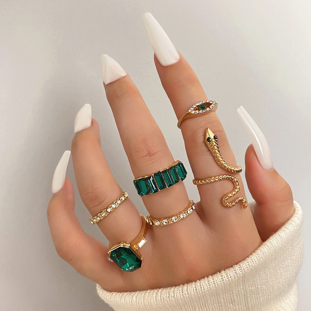 Green Rhinestone Geometric Ring Set For Women Six Piece Alloy Electroplated Jewelry For Women And Girls Trendy