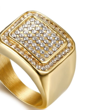 Gold Color Stainless Steel Ring With Rhinestone Square Design Retro Titanium Steel Polished Band Ring For Women And