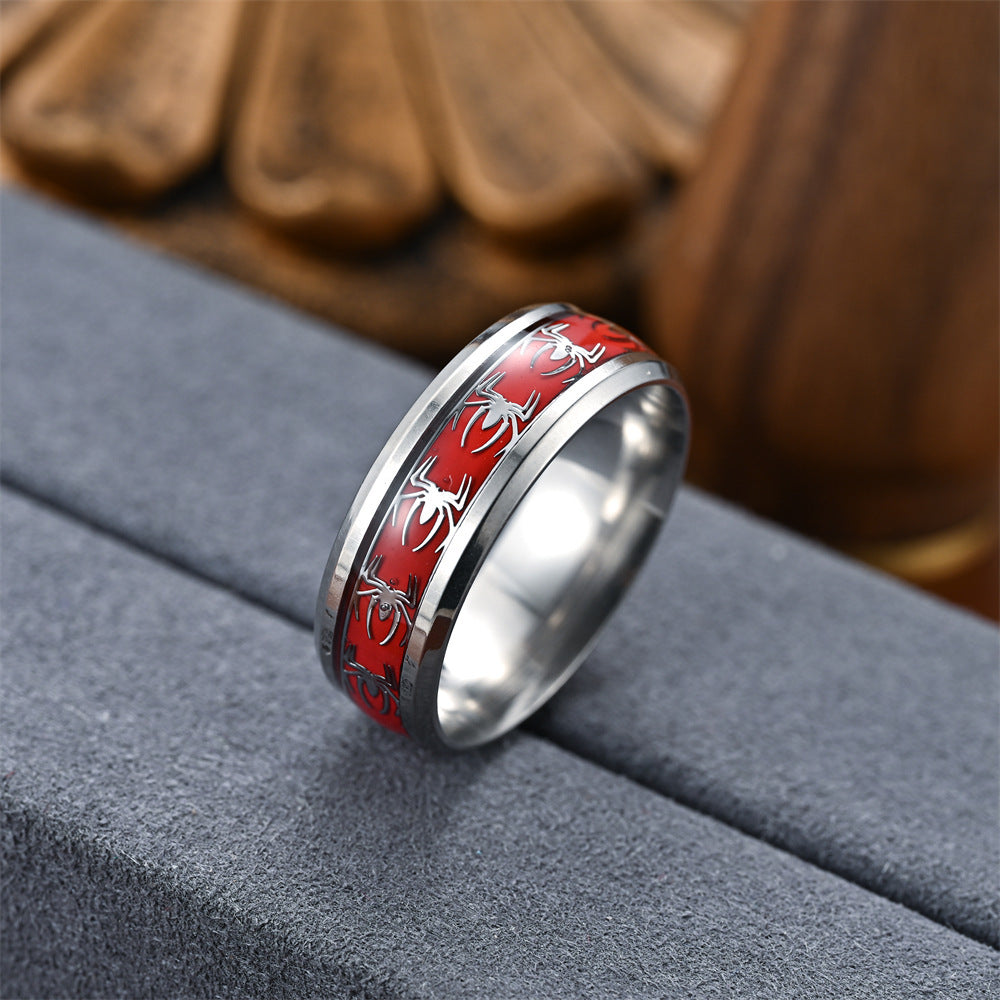 Titanium Steel Spider Ring With Oil Dripping Patch Design Beveled Edge Band Ring For Men Bold Patch Ring Style