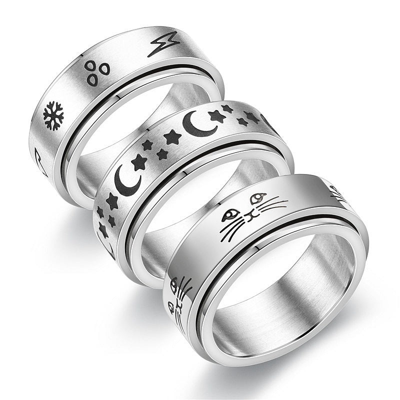 Rotating U Shape Stainless Steel Ring With Moon Design And Lightning Accent Plus Cat Detail Geometric Elements