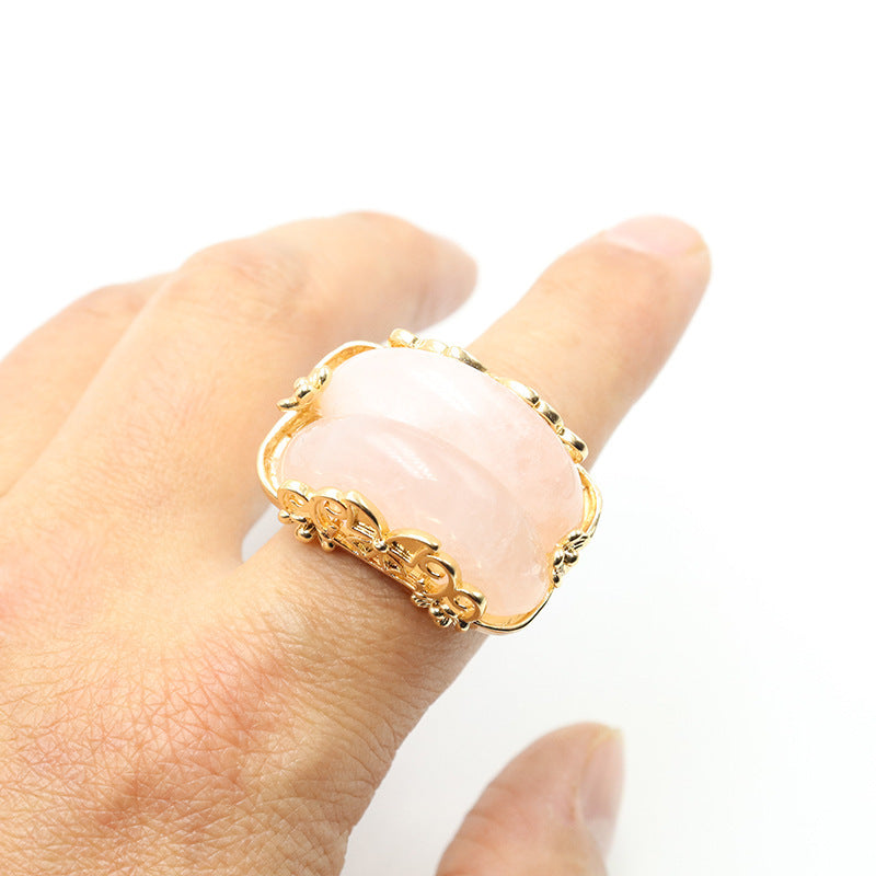 Natural Raw Gemstone Ring Copper Carving U Shaped Setting Pink Crystal Amethyst Green Aventurine Tiger Eye Stone