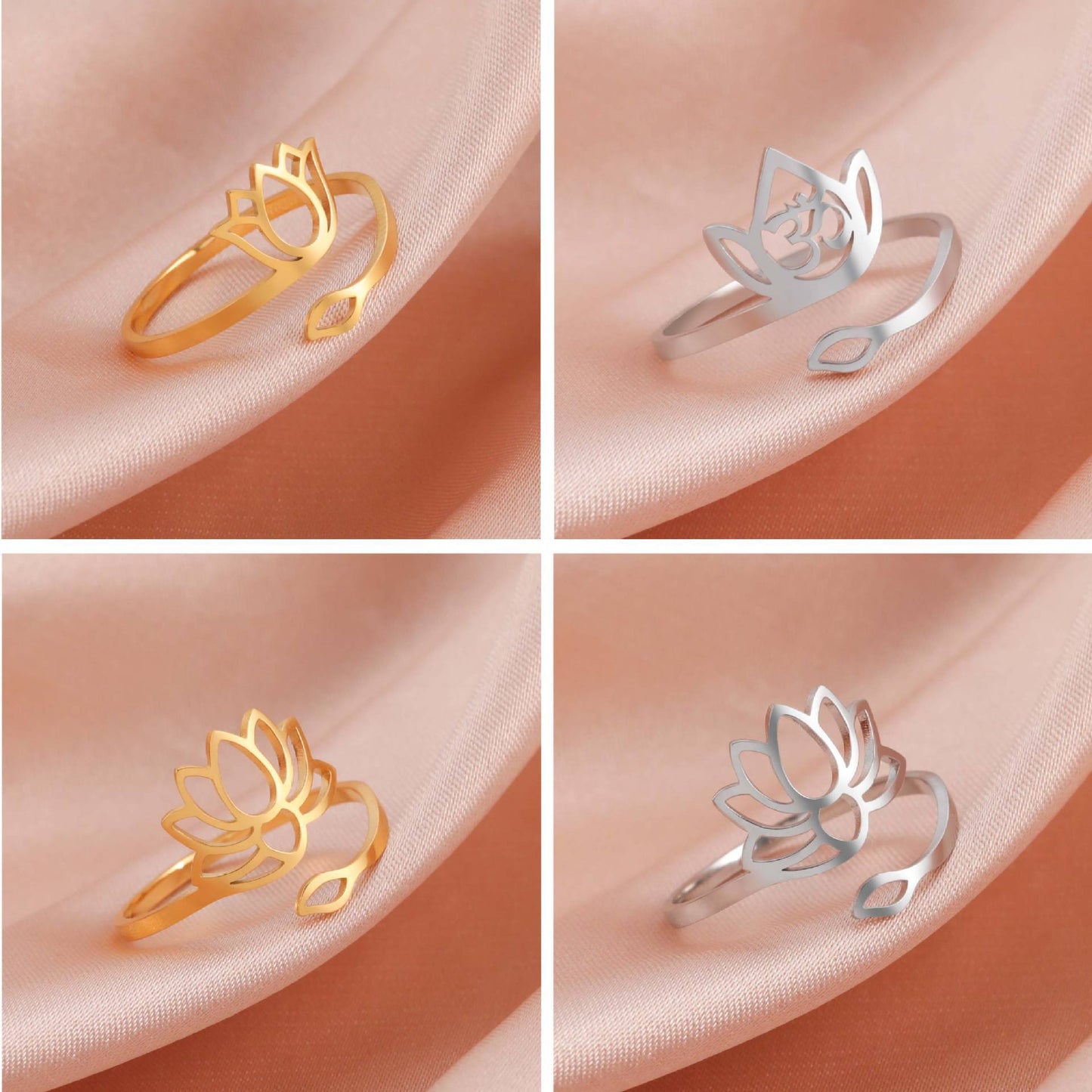 Lotus Flower Ring Adjustable Stainless Steel Vintage Inspired Jewelry For Her Gift Idea Elegant Everyday Style