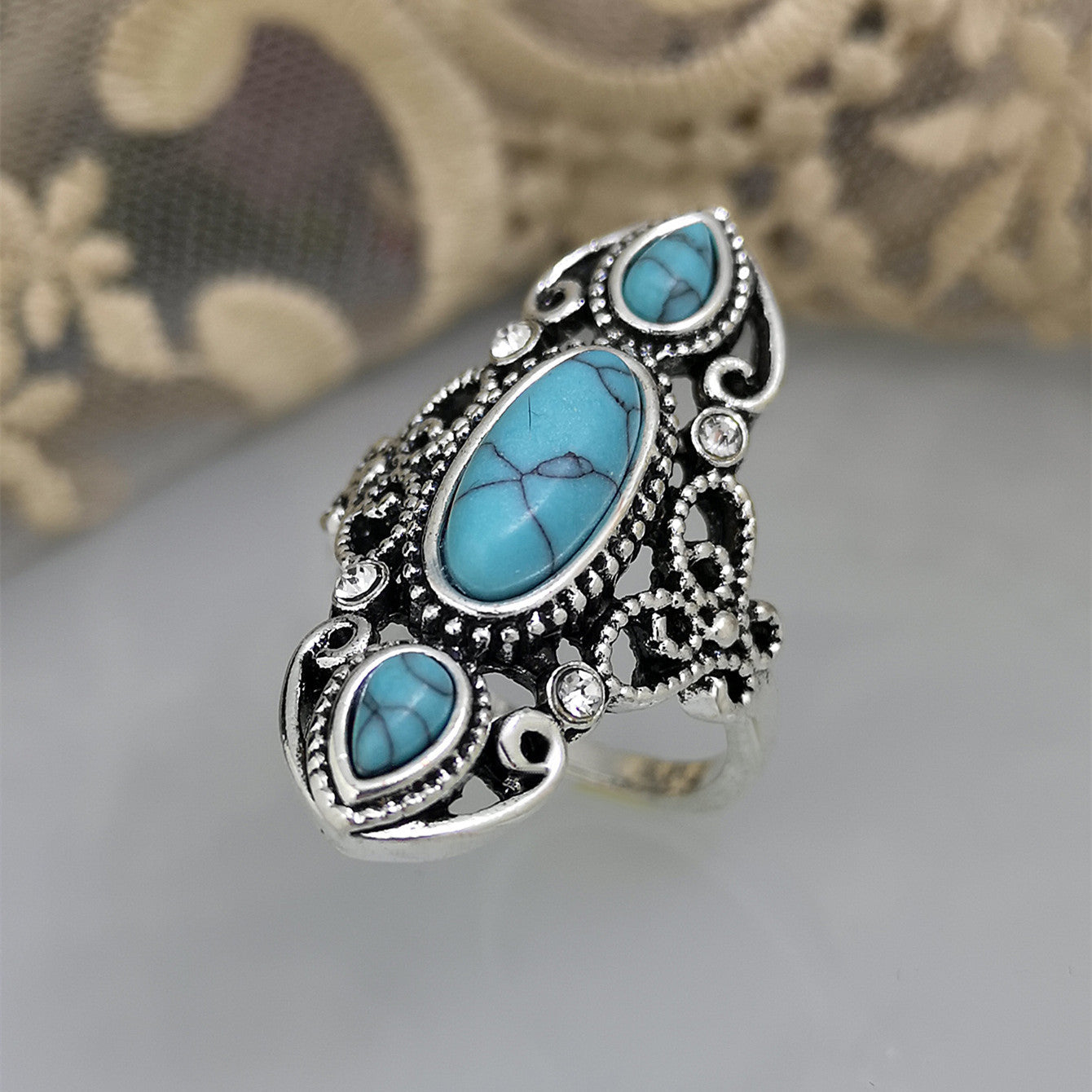 Silver Openwork Turquoise And Lapis Lazuli Rings Vintage Carved Geometric Design For Ladies Everyday Accessory