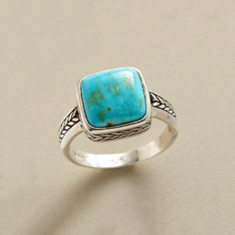 Womens Turquoise Inlaid Square Ring With Flower Design Alloy Geometric Fashion Jewelry Accessory For Women Now