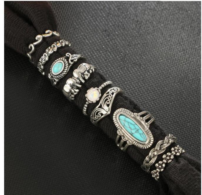 Womens Silver Ring Set With Turquoise Elephant Flower Gem Geometric Retro Ethnic Jewelry Hand Accessories Sets