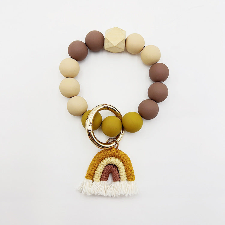 Beaded Bracelet Keychain Handmade Acrylic With Rainbow Tassel And Candy Color Beads European Style Fashionable