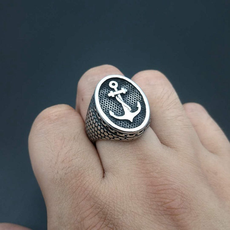 Mens Vintage Titanium Steel Anchor Ring Polished Silver Retro Punk European American Fashion Jewelry Vintage Look