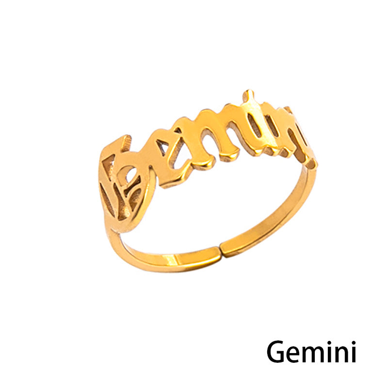 Stainless Steel Zodiac Sign Open Ring Adjustable Gold Letter Initial Ring for Women Lightweight Everyday Spark