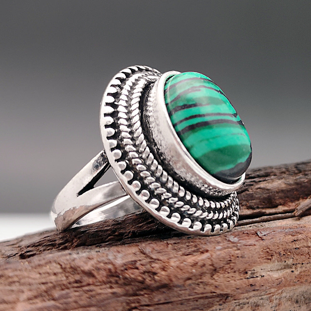Green Malachite Inlaid Metal Ring Unisex Fashion Jewelry