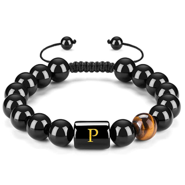 Mens Natural Black Agate 10mm Beads Handmade Initial Letter Bracelet Personalized Gift for Men Letter A Shape Letter