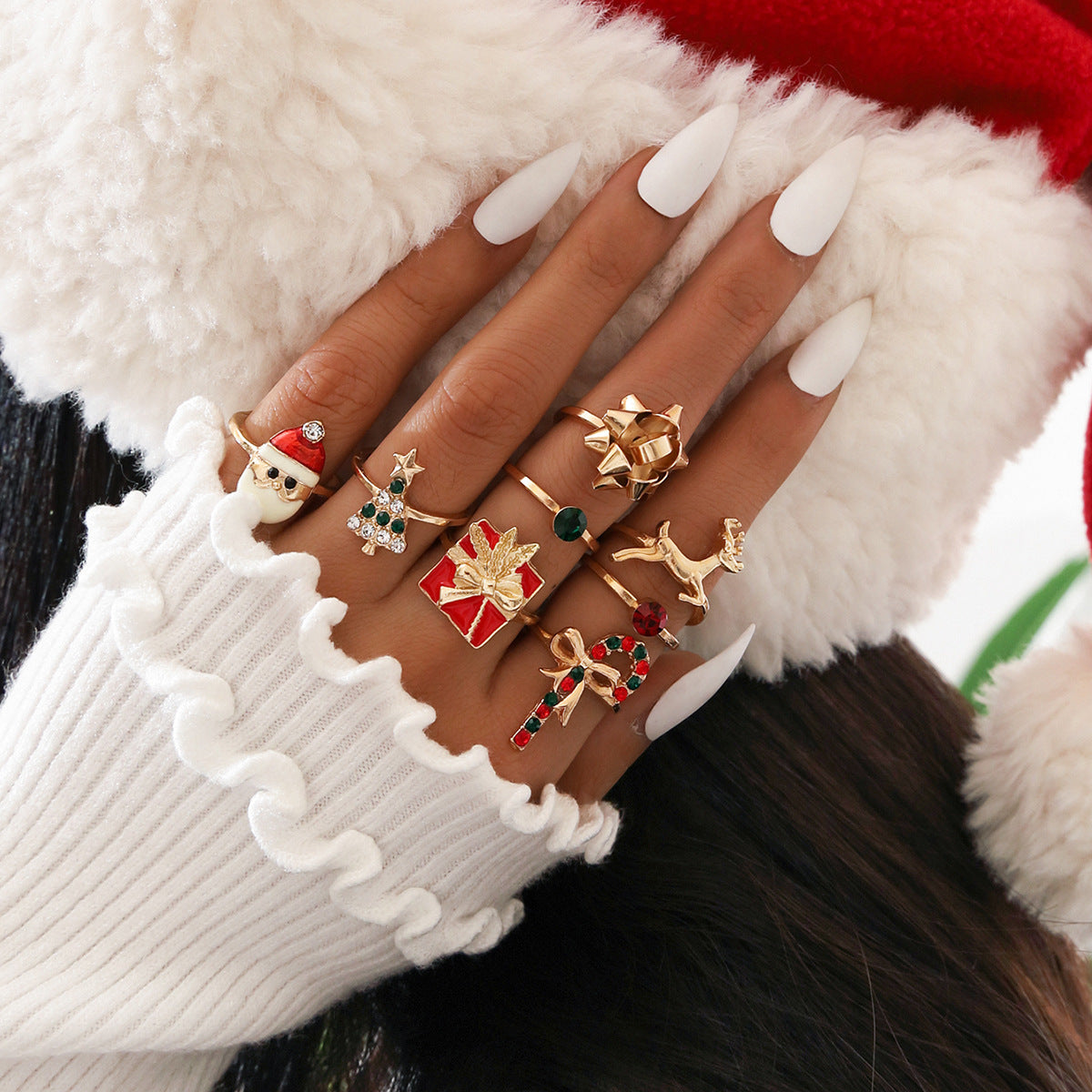 Women Fashion Ring Set 8 Piece Christmas Tree Ring Gift Wand Ring Santa Bowknot Elk Design Alloy Geometric Gem