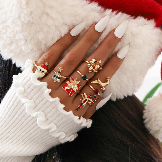 Women Fashion Ring Set 8 Piece Christmas Tree Ring Gift Wand Ring Santa Bowknot Elk Design Alloy Geometric Gem
