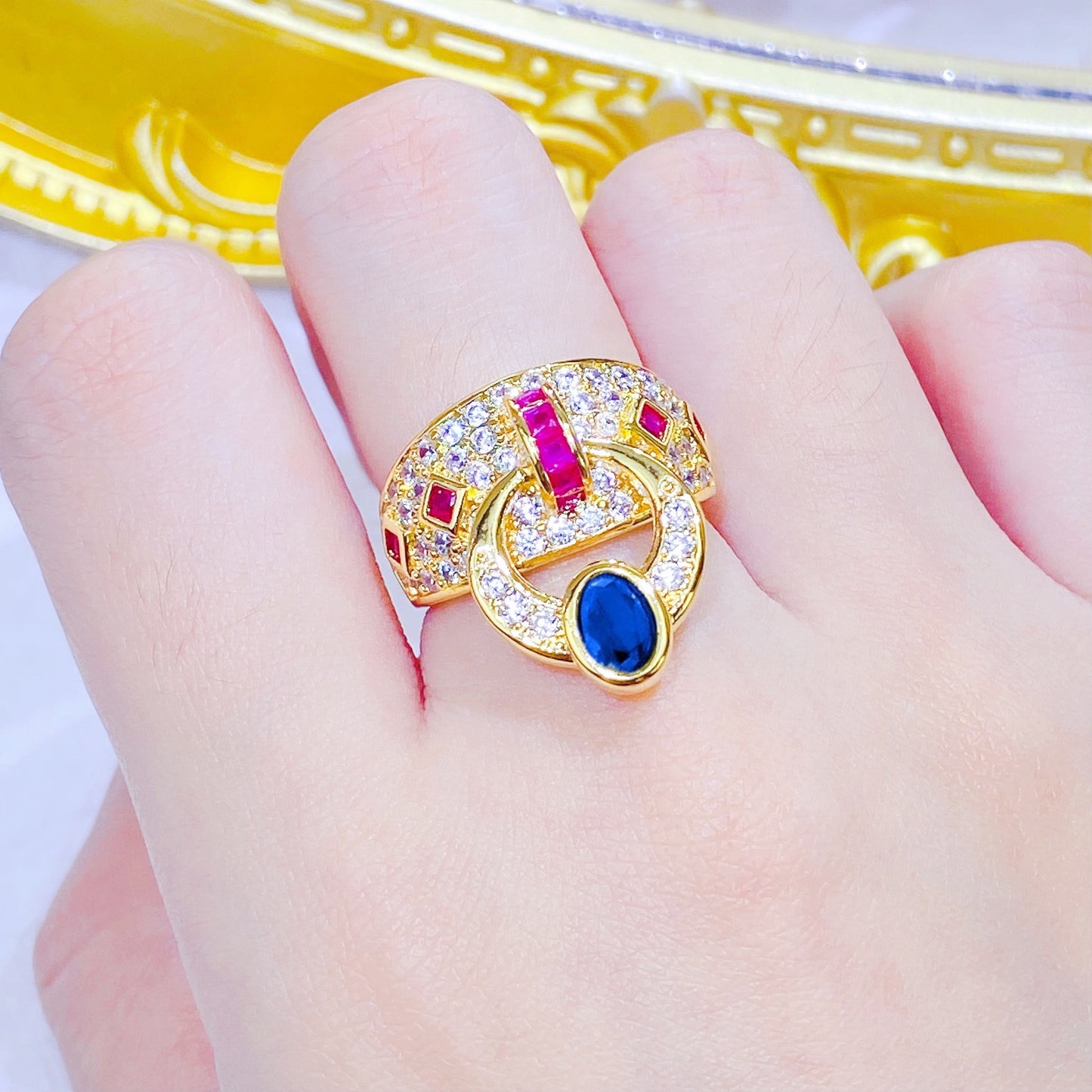 Adjustable Copper Ring With Diamond Zircon Geometric Ellipse Retro Style for Women Elegant Everyday Style Glow