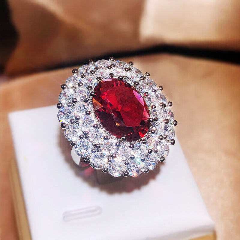 High-end Group Inlaid Zircon Simulation Red Tourmaline Ring