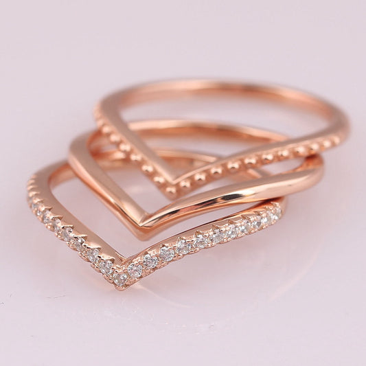 Sterling Silver Bracelet With Rose Gold V Shaped Ring Micro Inlay Geometric Ellipse Design Diamond Dot Gift Set Jewelry