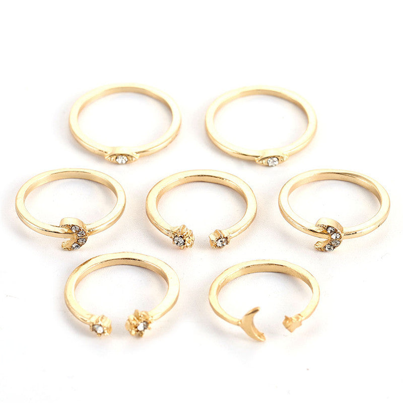 Womens Star Ring Set 7 Piece Golden Alloy Open Rings Adjustable Retro European American Simple Elegant Sparkle